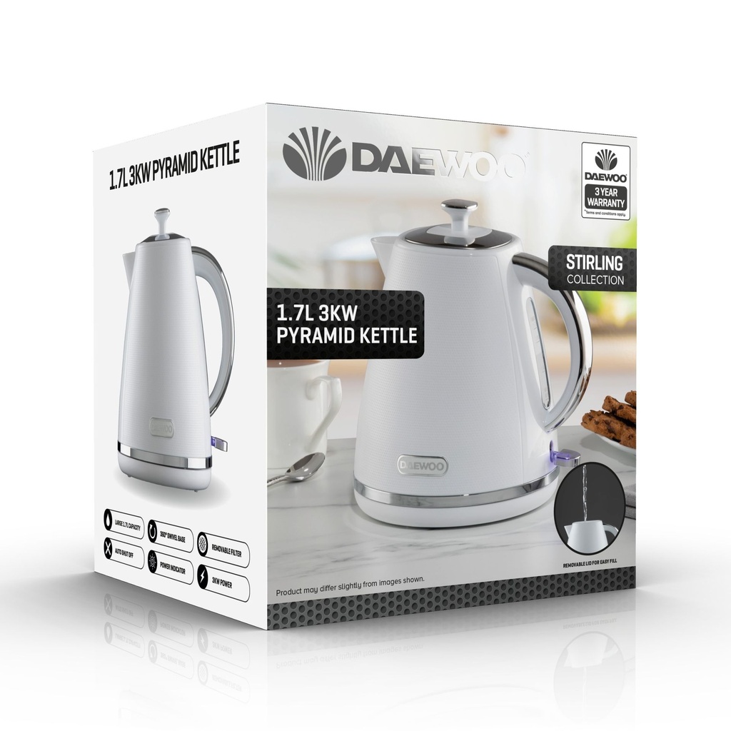 Daewoo Stirling 1.7L 3KW Pyramid Kettle - White