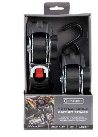 Centurion Reytractable Ratchet Tie Down - 600kg Breaking Strength - 3m - Twin Pack Retail