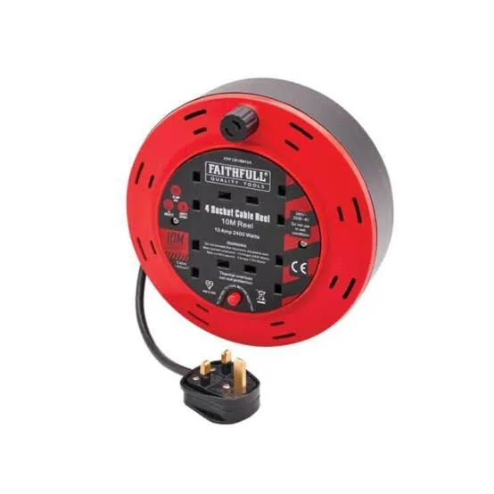 Faithfull 10m Cable Reel 10A, 4 Sockets