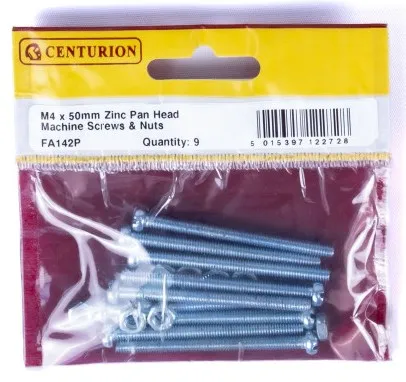 [FA142P] Centurion M4  x 50mm Machine Screws & Nuts - Zinc Plated (9 Pack)