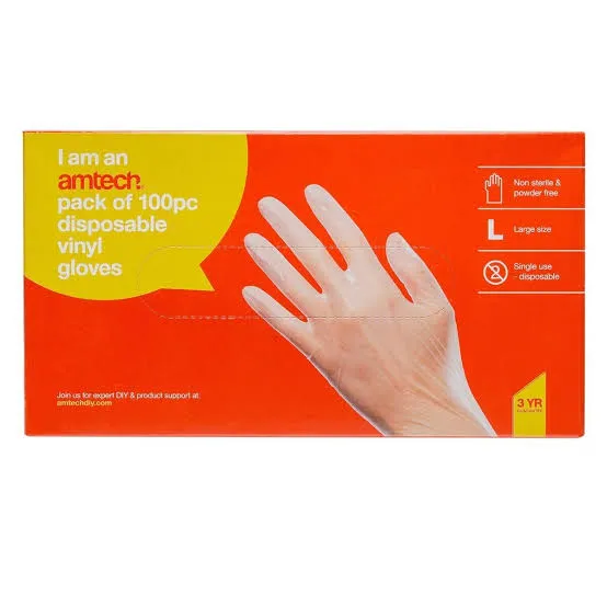 Amtech Disposable Vinyl Gloves Size L (100 Pack)