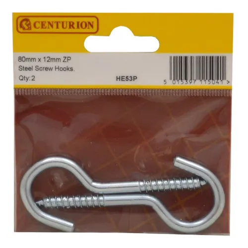 [HE53P] Centurion Steel Screw Hooks - Zinc Plated - 80mm x 5mm - (Pack of 2)