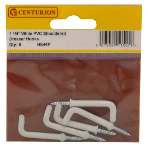 [HE44P] Centurion 32mm White PVC Shouldered Dresser Hooks (Pack of 5)