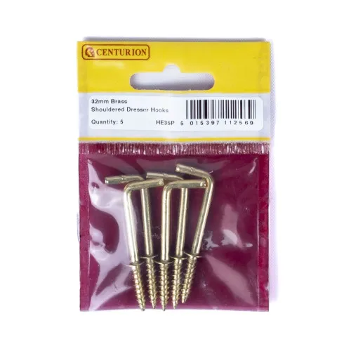 [HE35P] Cen 32mm Electro Brass Shouldered Dresser Hooks (pack Of 5)