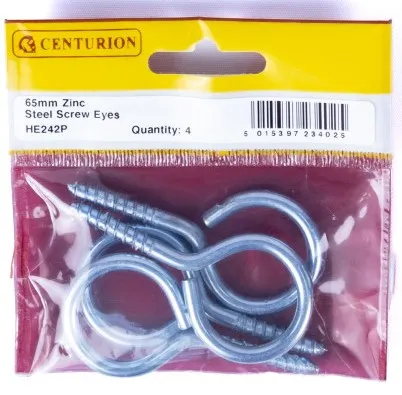 Centurion Steel Screw Eyes - Zinc Plated - 65mm x 6mm (4 Pack)