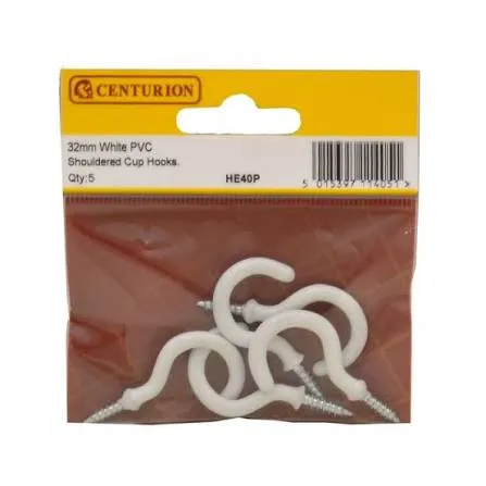 [HE40P] 32mm White Pvc Shouldered Cup Hooks (pack Of 5)