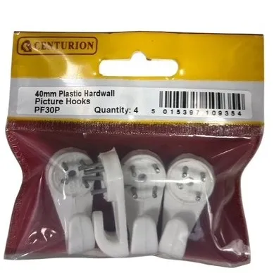 [PF30P] Centurion 40mm Plastic Hard Wall Picture Hooks (4 Pack)