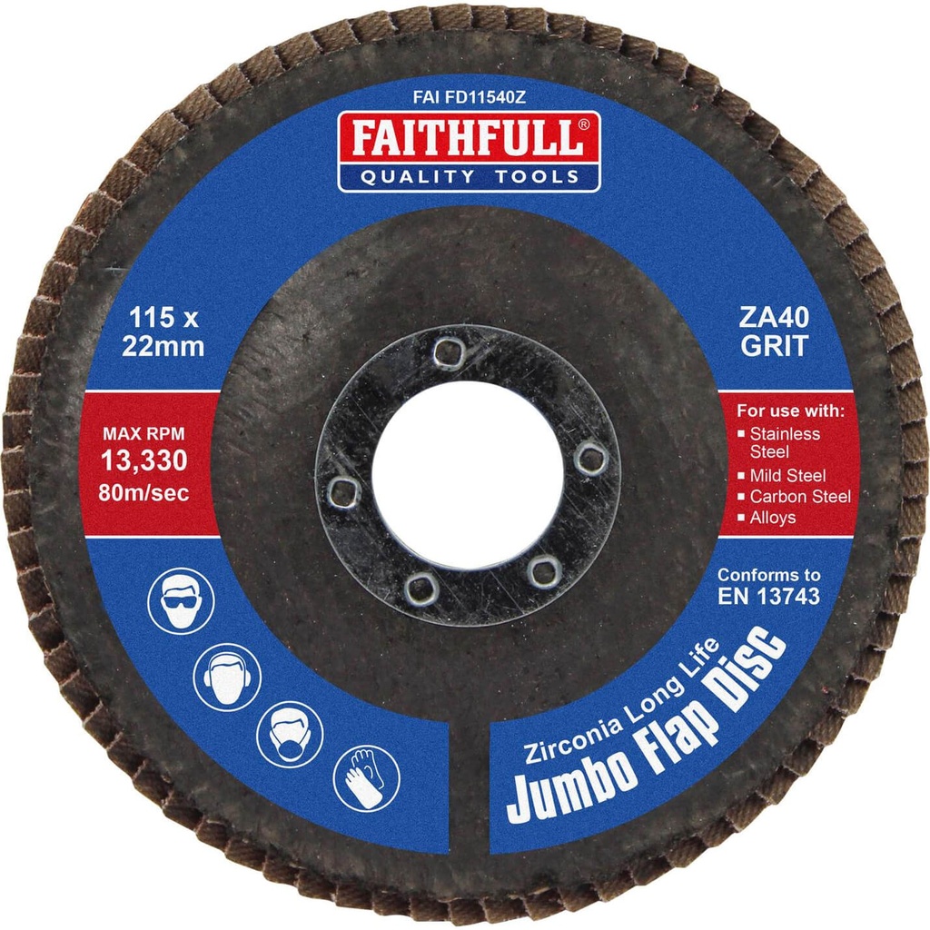 [FAIFD11540Z] Faithfull Zirconia Abrasive Jumbo Flap Disc 115 x 22mm 40 Grit