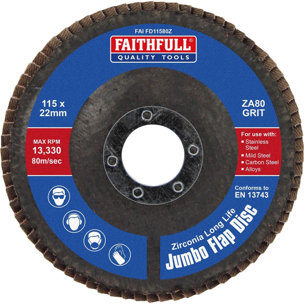 [FAIFD11580Z] Faithfull Zirconia Abrasive Jumbo Flap Disc 115 x 22mm 80 Grit