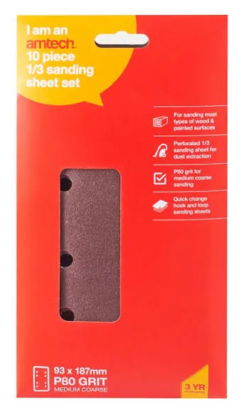 Amtech Pack of 10 P80 Grit Hook and Loop Sanding Sheets