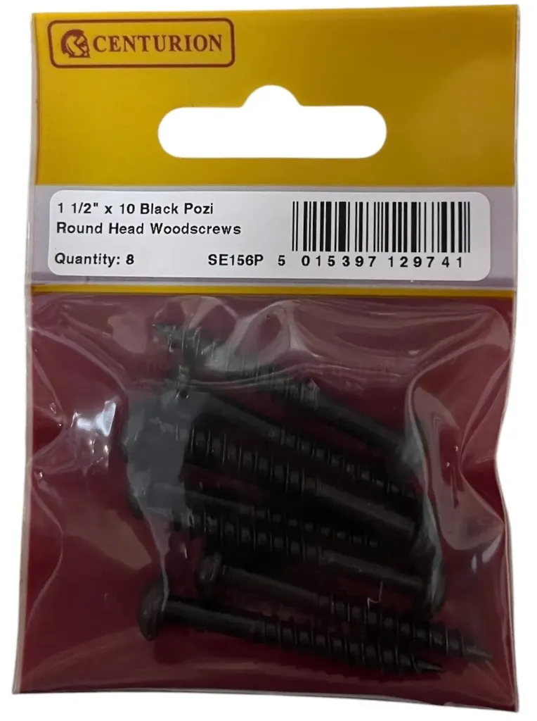 Centurion 1 1/2" x 10 Pozi Black Round Head Woodscrews (Pack of 8)