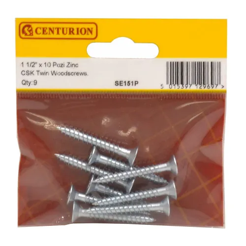 Centurion 1 1/2" x 10 ZP Cross Recessed Hardened Twin Thread Woodscrews with Countersunk Head (Pack of 9)
