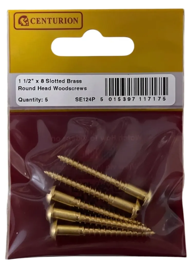 Centurion 1 1/2" x 8 SC Slotted Brass Round Head Woodscrews  (Pack of 5)