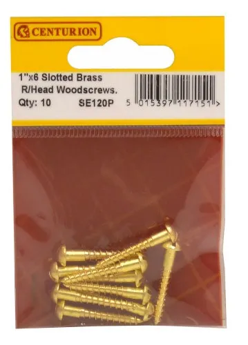 Centurion 1" x 6 SC Slotted Brass Round Head Woodscrews (Pack of 10)