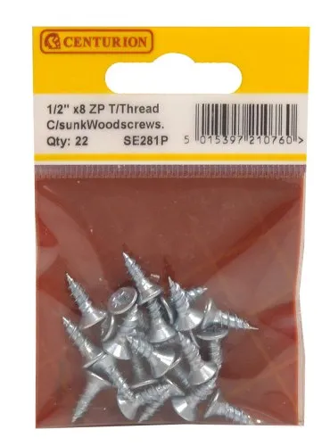 Centurion 1/2" x 8 ZP Cross Recessed Hardened Twin Thread Woodscrews with Countersunk Head (Pack of 22)