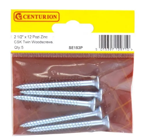 Centurion 2 1/2" x 12 ZP Cross Recessed Hardened Twin Thread Woodscrews with Countersunk Head (Pack of 5)