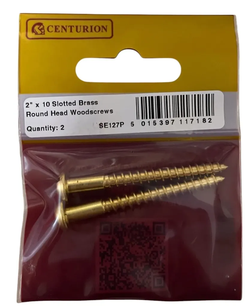 Centurion 2" x 10 SC Slotted Brass Round Head Woodscrews  (Pack of 2)