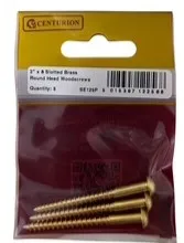 Centurion 2" x 8 SC Slotted Brass Round Head Woodscrews (Pack of 3)
