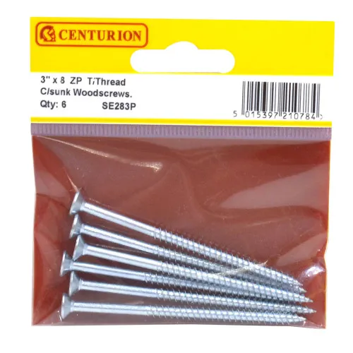 Centurion 3" x 8 ZP Cross Recessed Hardened Twin Thread Woodscrews with Countersunk Head (Pack of 6)