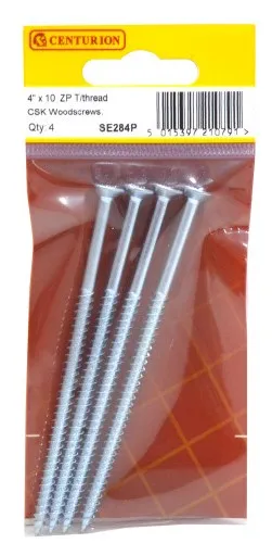 Centurion 4" x 10 ZP Cross Recessed Hardened Twin Thread Woodscrews with Countersunk Head (Pack of 4)
