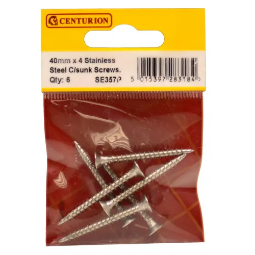 [SE357P] Centurion 4mm x 40mm Stainless Steel Chipboard Screws CRCS Head Countersunk (Pack of 6)
