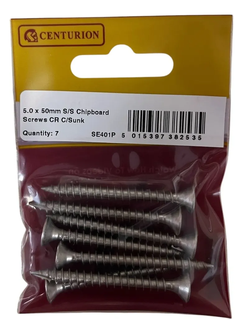 [SE401P] Centurion 5mm x 50mm Stainless Steel Chipboard Screws CRCS Head Countersunk (Pack of 7)