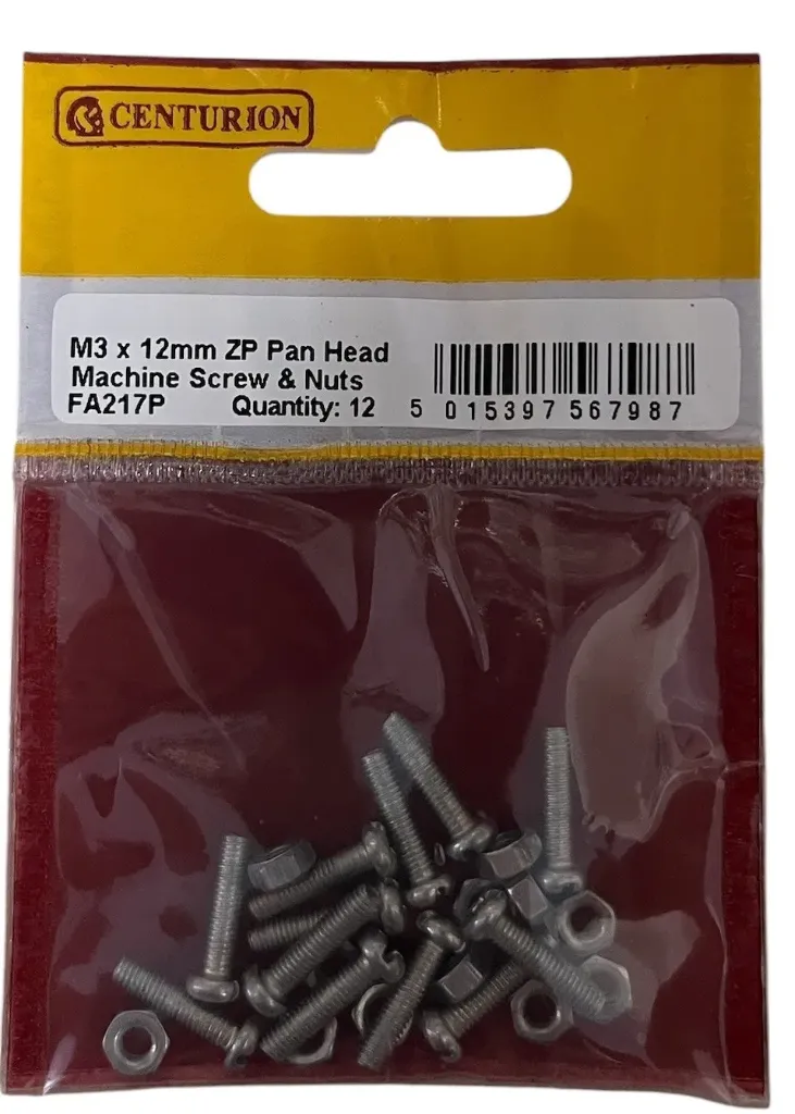 Centurion M3 x 12mm Zinc Pan Head Machine Screws & Nuts (Pack of 12)