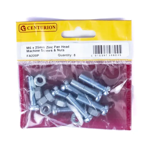 Centurion M6 x 25mm Zinc Pan Head Machine Screws & Nuts (Pack of 8)