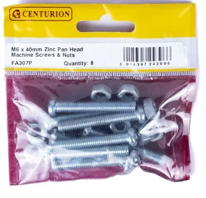 Centurion M6 x 40mm Zinc Pan Head Machine Screws & Nuts  (Pack of 8)